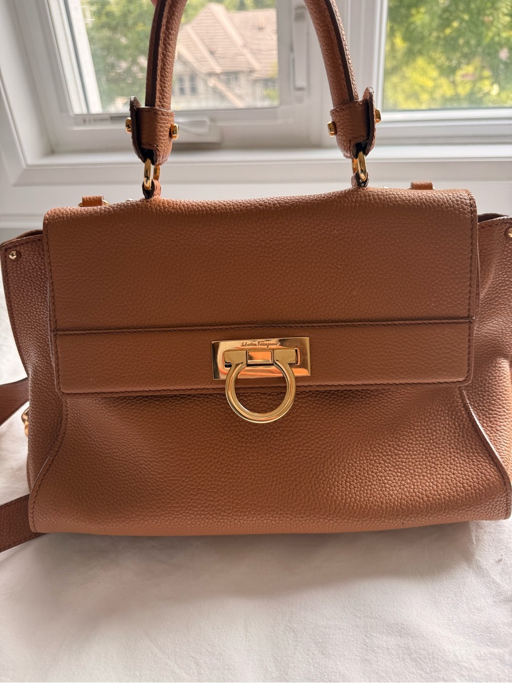 Salvatore Ferragamo Brown Leather Top-Handle Satchel with Gold Hardware